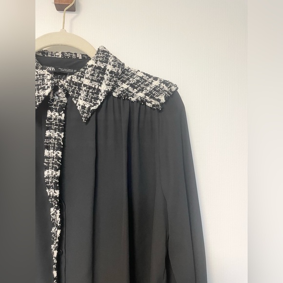ZARA BUTTON UP BLACK COLLARED BLOUSE W/ TWEED DETAILING - CHANEL VIBES - EUC - Picture 8 of 8